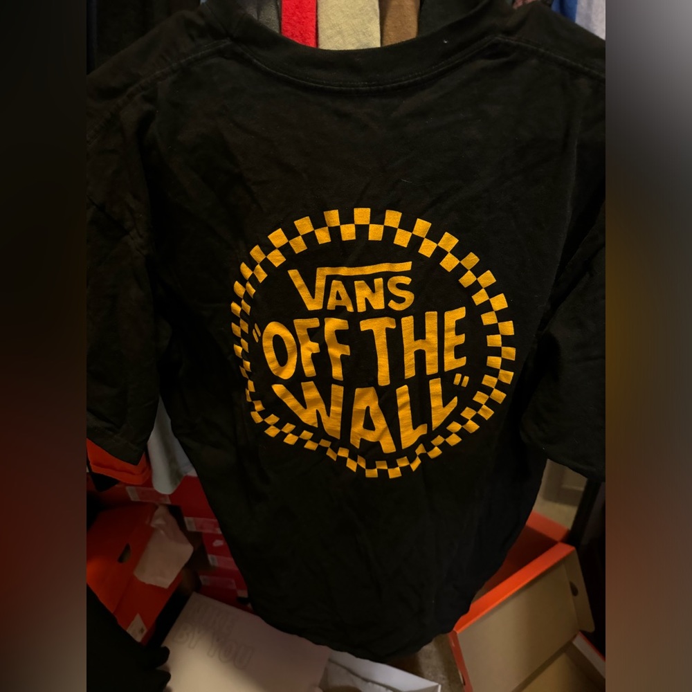 VANS Black Off The Wall Skateboard Graphic T Shirt Black Orange Check Logo LARGE